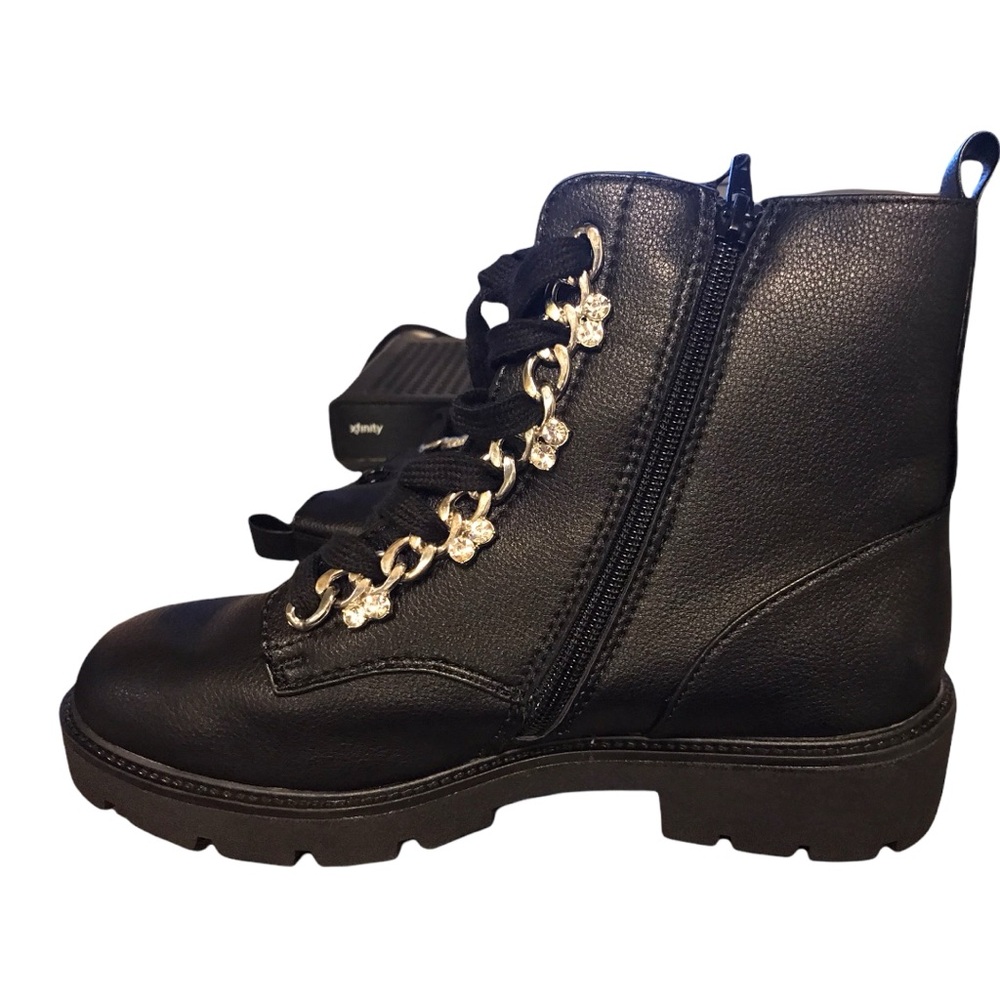 Black Leather Ankle Boots with Chain Detail
